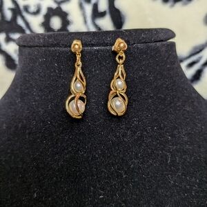 1928 Gold Caged Faux Pearl Teardrop Earrings Pierced